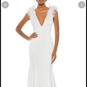 Mac Duggal Feather-Embellished Sheath Gown